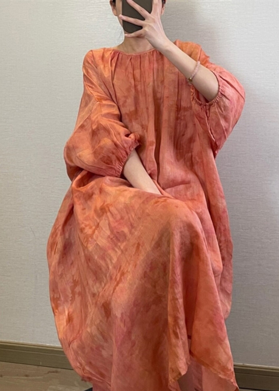 Natural Orange O-Neck Tie Dye Maxi Dress Lantern Sleeve UU1062 SH-LF-FDL240526