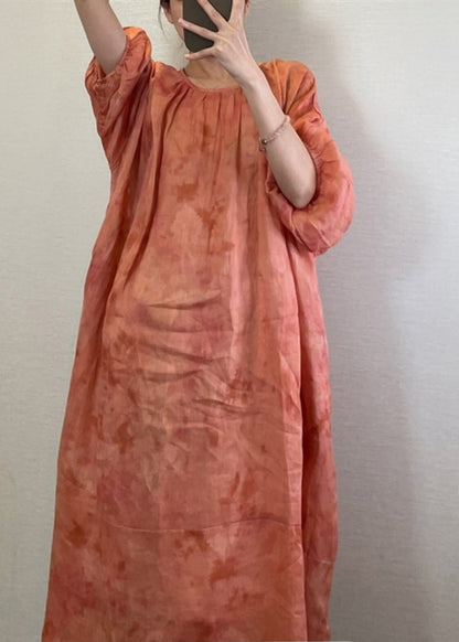 Natural Orange O-Neck Tie Dye Maxi Dress Lantern Sleeve UU1062 SH-LF-FDL240526