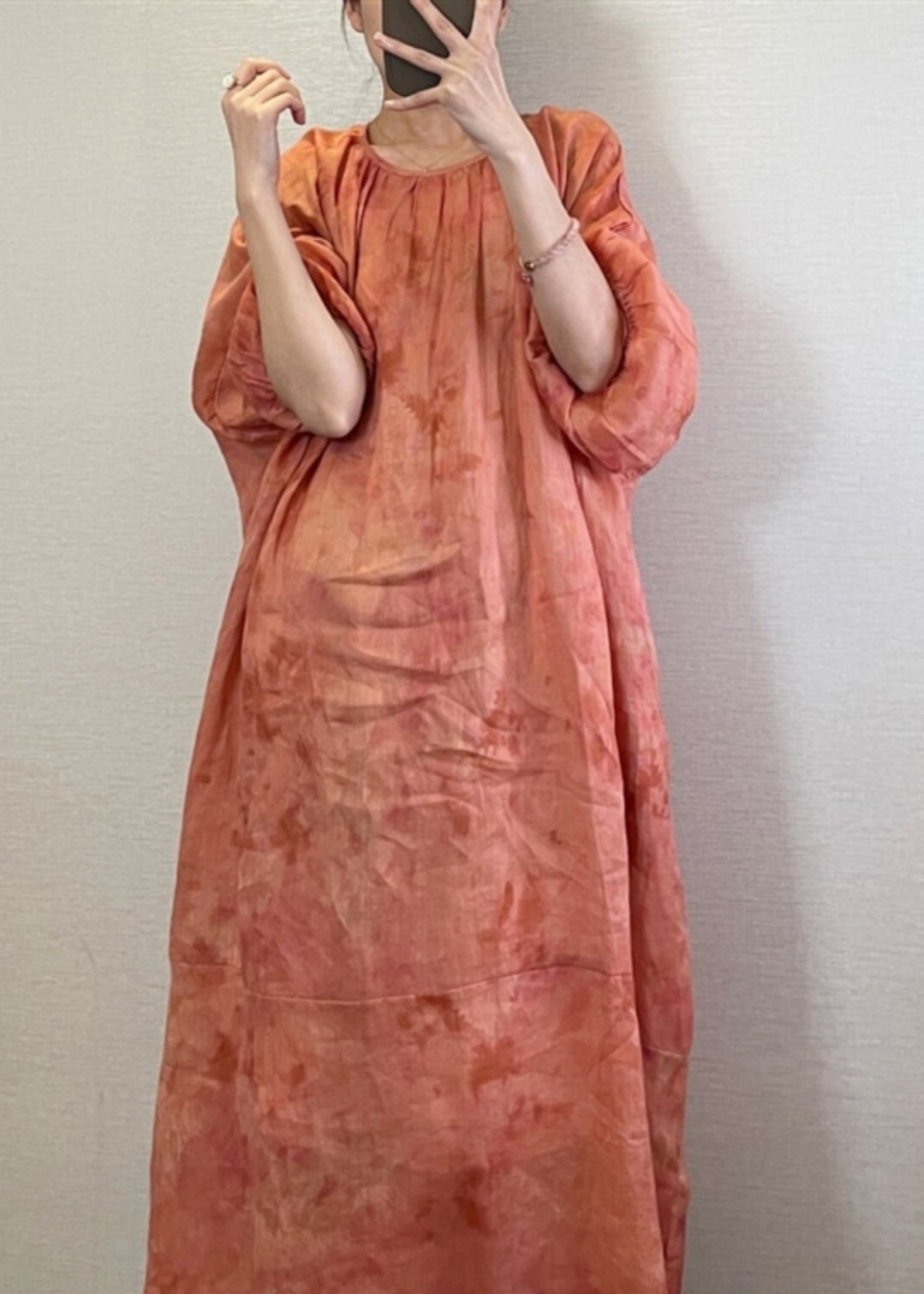 Natural Orange O-Neck Tie Dye Maxi Dress Lantern Sleeve UU1062 SH-LF-FDL240526