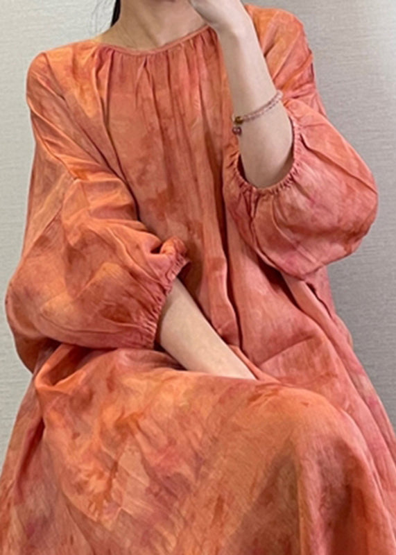 Natural Orange O-Neck Tie Dye Maxi Dress Lantern Sleeve UU1062 SH-LF-FDL240526