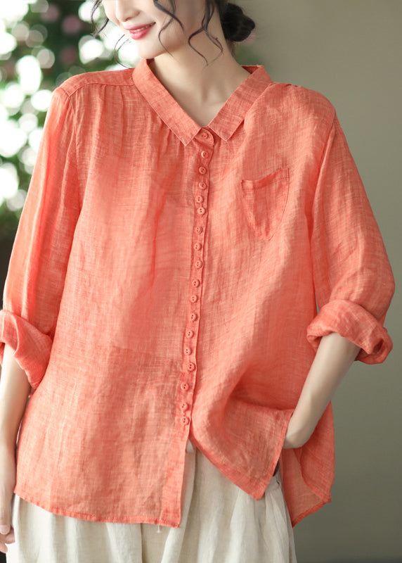 Natural Orange Peter Pan Collar Ramie Shirt Spring Long Sleeve UU020 OM-MM240820