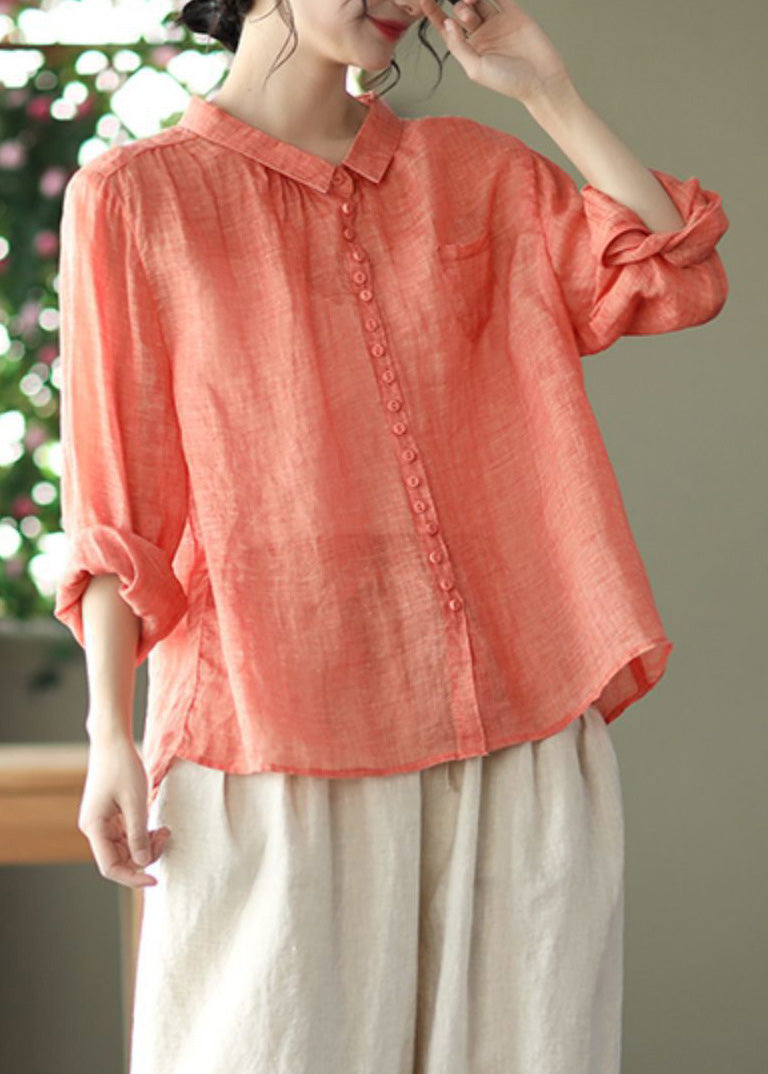 Natural Orange Peter Pan Collar Ramie Shirt Spring Long Sleeve UU020 OM-MM240820