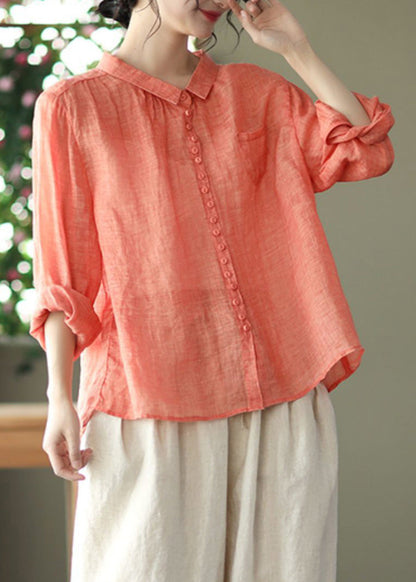 Natural Orange Peter Pan Collar Ramie Shirt Spring Long Sleeve UU020 OM-MM240820
