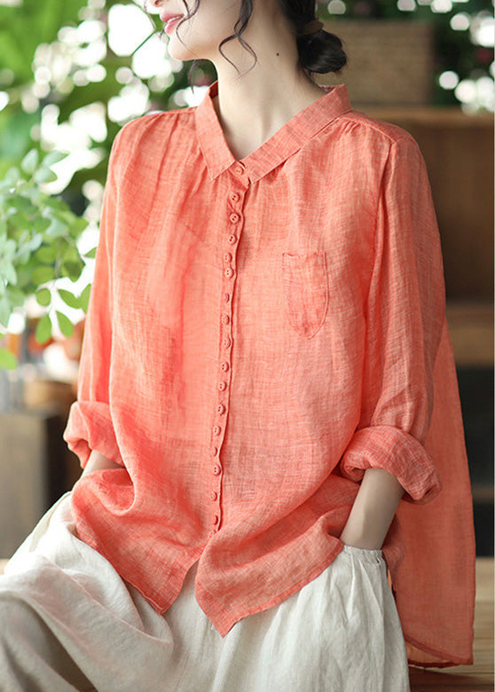 Natural Orange Peter Pan Collar Ramie Shirt Spring Long Sleeve UU020 OM-MM240820
