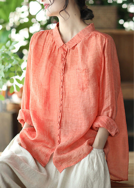 Natural Orange Peter Pan Collar Ramie Shirt Spring Long Sleeve UU020 OM-MM240820