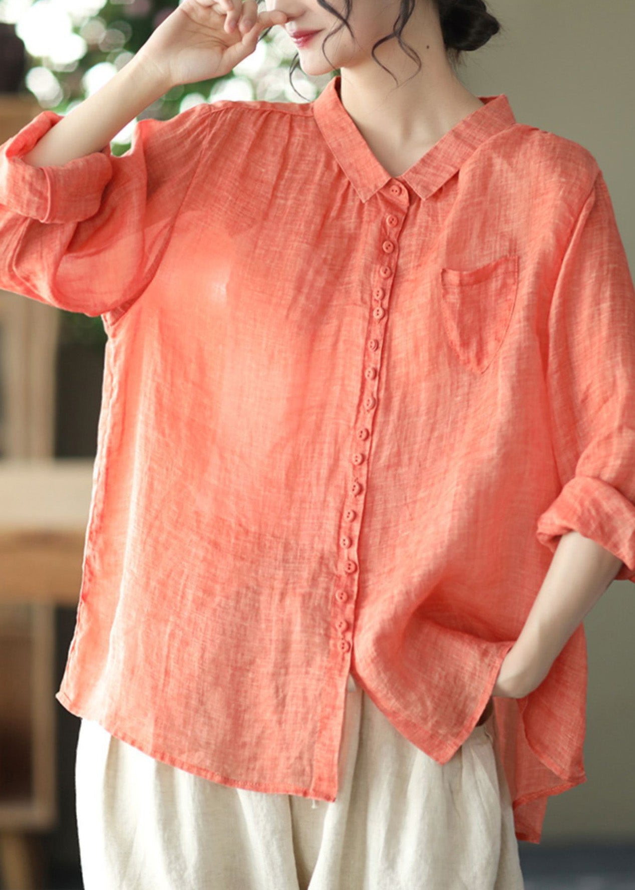 Natural Orange Peter Pan Collar Ramie Shirt Spring Long Sleeve UU020 OM-MM240820