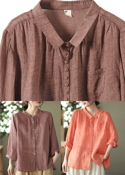 Natural Orange Peter Pan Collar Ramie Shirt Spring Long Sleeve UU020 OM-MM240820