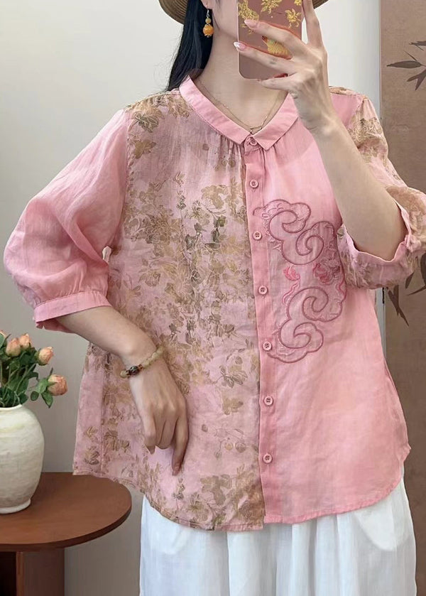Natural Pink O-Neck Embroidered Patchwork Print Linen Top Spring GH1073 Ada Fashion