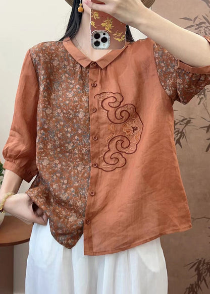 Natural Pink O-Neck Embroidered Patchwork Print Linen Top Spring GH1073 Ada Fashion