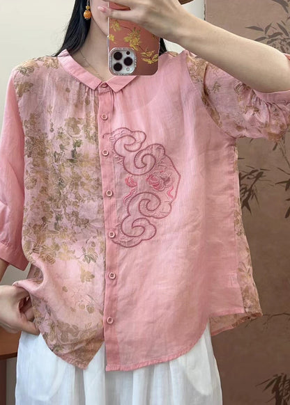 Natural Pink O-Neck Embroidered Patchwork Print Linen Top Spring GH1073 Ada Fashion