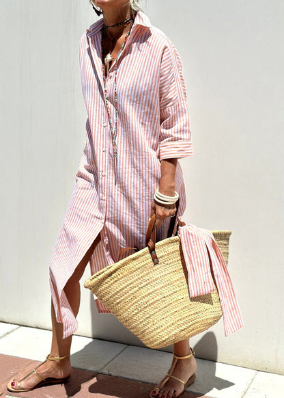 Button Natural Striped Maxi Pink Open Collar Side Peter Pan FashionChic
