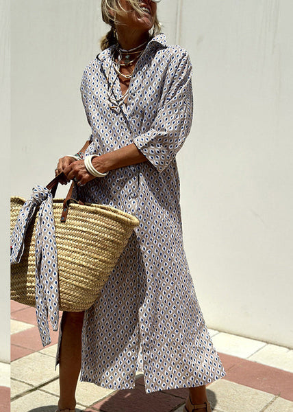 Button Natural Striped Maxi Pink Open Collar Side Peter Pan FashionChic