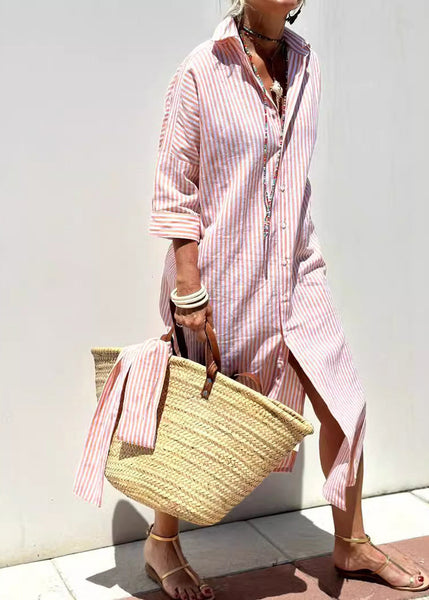 Button Natural Striped Maxi Pink Open Collar Side Peter Pan FashionChic