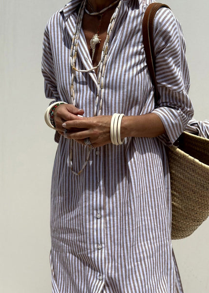 Button Natural Striped Maxi Pink Open Collar Side Peter Pan FashionChic