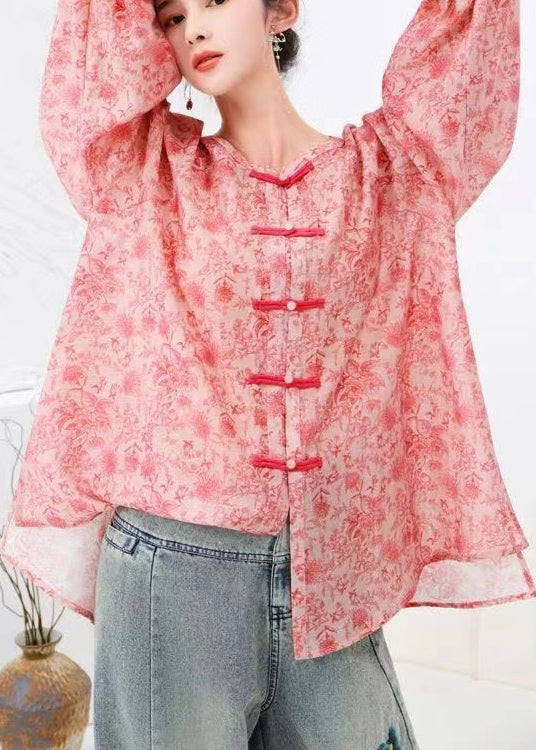 Natural Pink Print Chinese Button Cotton Shirts Top Long Sleeve BV088 MZF-LTP240702