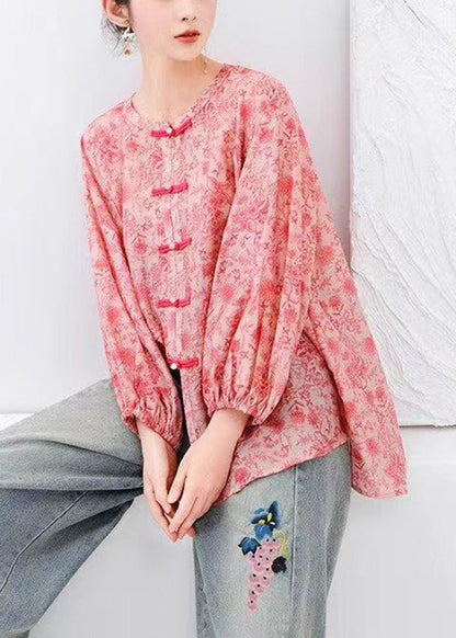 Natural Pink Print Chinese Button Cotton Shirts Top Long Sleeve BV088 MZF-LTP240702