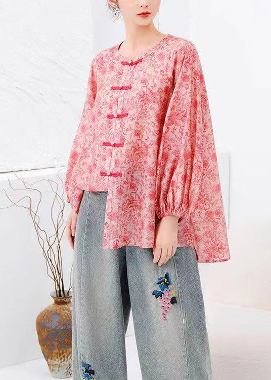 Natural Pink Print Chinese Button Cotton Shirts Top Long Sleeve BV088 MZF-LTP240702