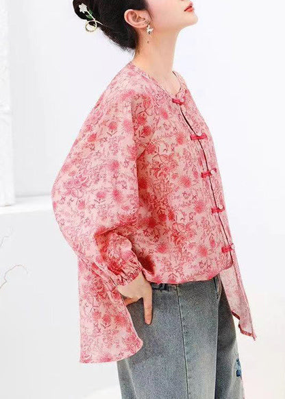 Natural Pink Print Chinese Button Cotton Shirts Top Long Sleeve BV088 MZF-LTP240702