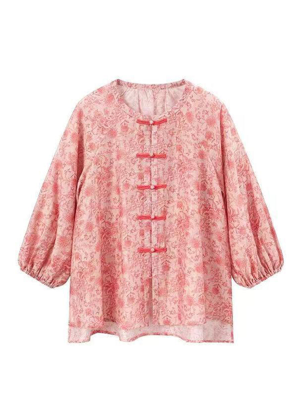 Natural Pink Print Chinese Button Cotton Shirts Top Long Sleeve BV088 MZF-LTP240702