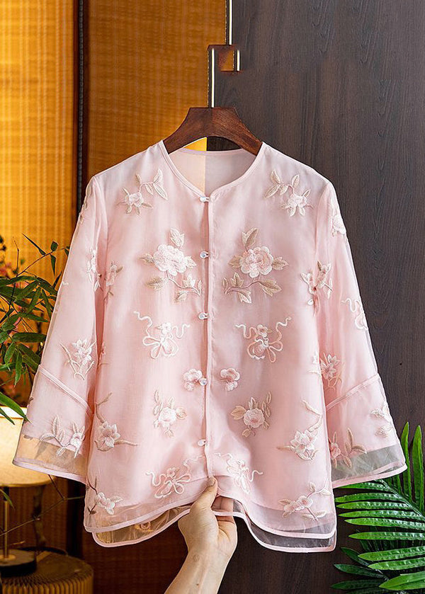 Natural Pink V Neck Embroidered Floral Tulle Shirts Spring AM1055 Genistyle Shop