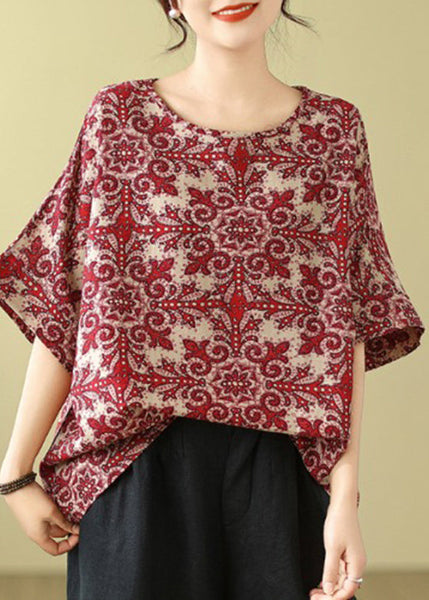 Natural Sleeve Print Short Shirts Red T Loose FashionChic