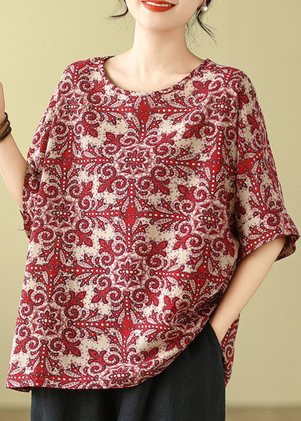 Natural Sleeve Print Short Shirts Red T Loose FashionChic