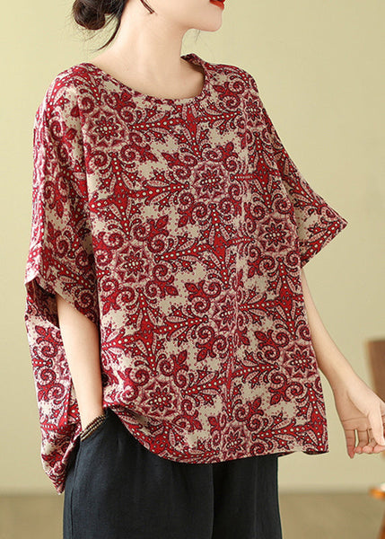 Natural Sleeve Print Short Shirts Red T Loose FashionChic