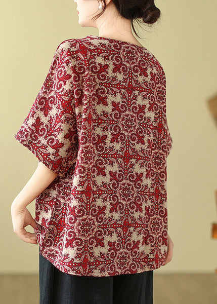 Natural Sleeve Print Short Shirts Red T Loose FashionChic