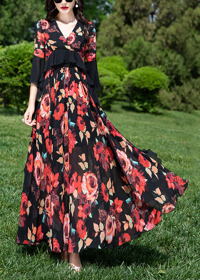 Natural Red V Neck Ruffled Print Chiffon Vacation Dresses Summer XX063 SH-LF-SDL240611