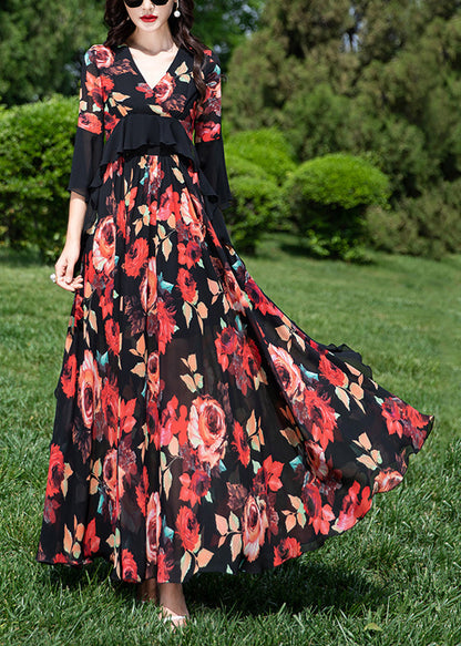 Natural Red V Neck Ruffled Print Chiffon Vacation Dresses Summer XX063 SH-LF-SDL240611