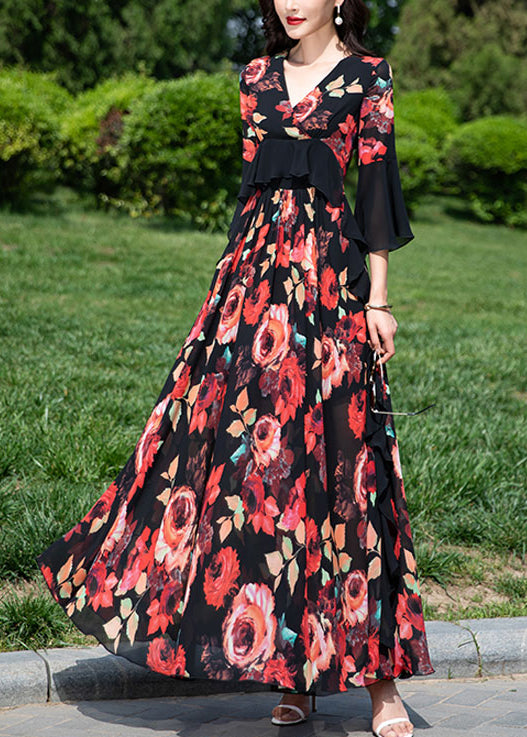 Natural Red V Neck Ruffled Print Chiffon Vacation Dresses Summer XX063 SH-LF-SDL240611