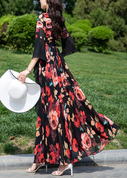 Natural Red V Neck Ruffled Print Chiffon Vacation Dresses Summer XX063 SH-LF-SDL240611