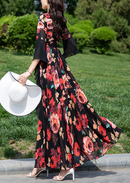 Natural Red V Neck Ruffled Print Chiffon Vacation Dresses Summer XX063 SH-LF-SDL240611