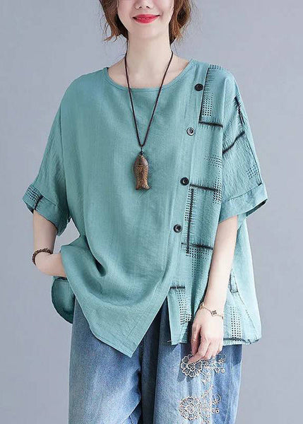 Turquoise Summer Natural Asymmetrical Plaid Tops FashionChic
