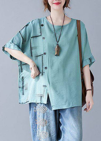 Turquoise Summer Natural Asymmetrical Plaid Tops FashionChic