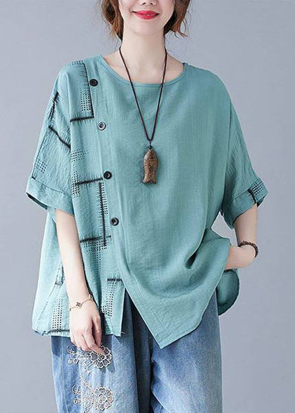 Turquoise Summer Natural Asymmetrical Plaid Tops FashionChic
