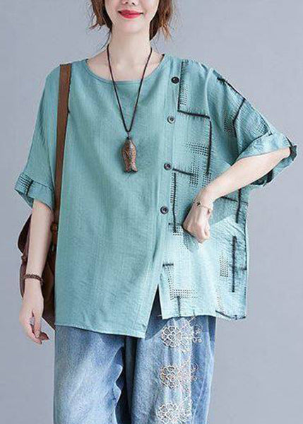 Turquoise Summer Natural Asymmetrical Plaid Tops FashionChic