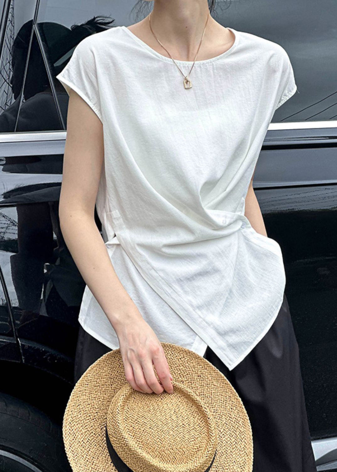 Wrinkled Natural Summer O-Neck Top White FashionChic