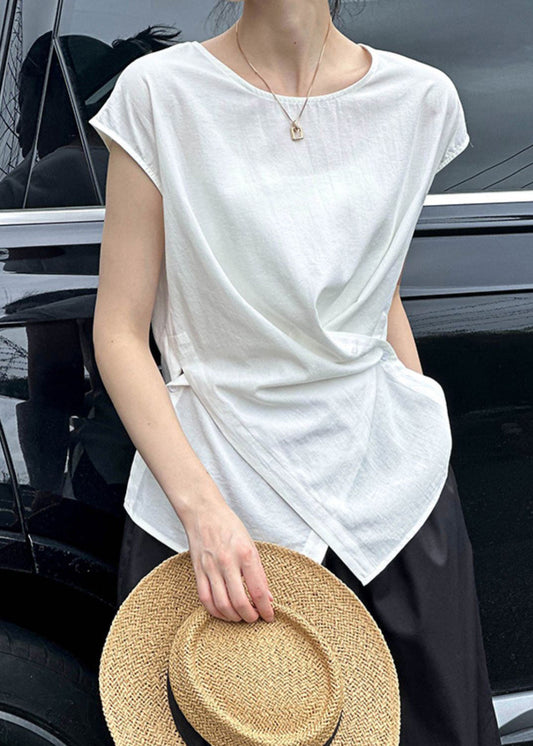 Wrinkled Natural Summer O-Neck Top White FashionChic