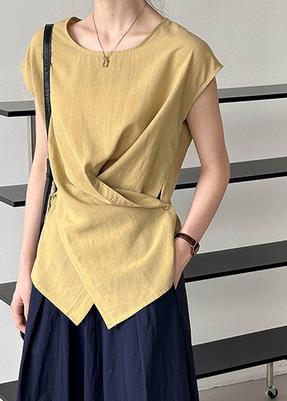 Wrinkled Natural Summer O-Neck Top White FashionChic