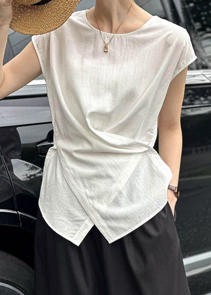 Wrinkled Natural Summer O-Neck Top White FashionChic