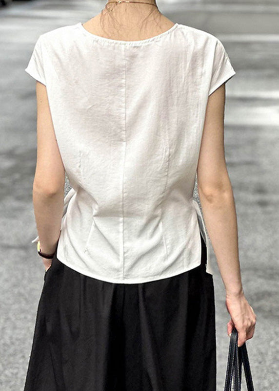 Wrinkled Natural Summer O-Neck Top White FashionChic