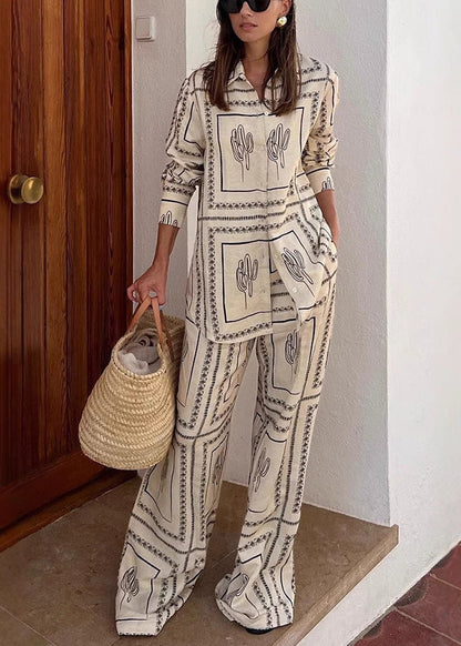 Shirts Pan Pants Leg Collar Print And White Wide Natural Peter FashionChic