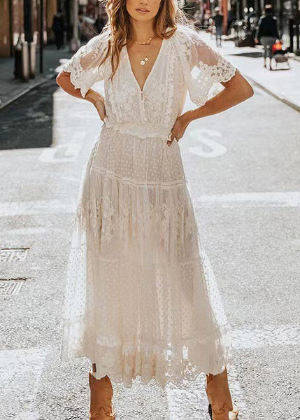 V Natural Jacquard Lace Summer Neck Robe Dresses White FashionChic