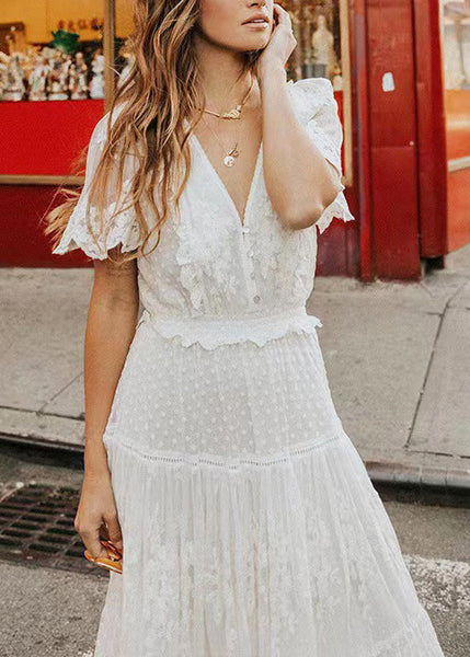 V Natural Jacquard Lace Summer Neck Robe Dresses White FashionChic