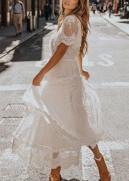 V Natural Jacquard Lace Summer Neck Robe Dresses White FashionChic