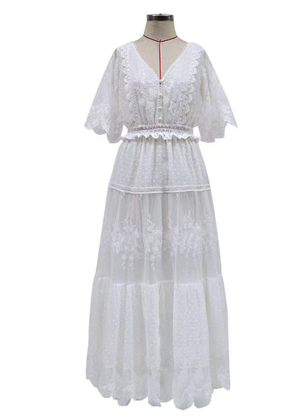 V Natural Jacquard Lace Summer Neck Robe Dresses White FashionChic