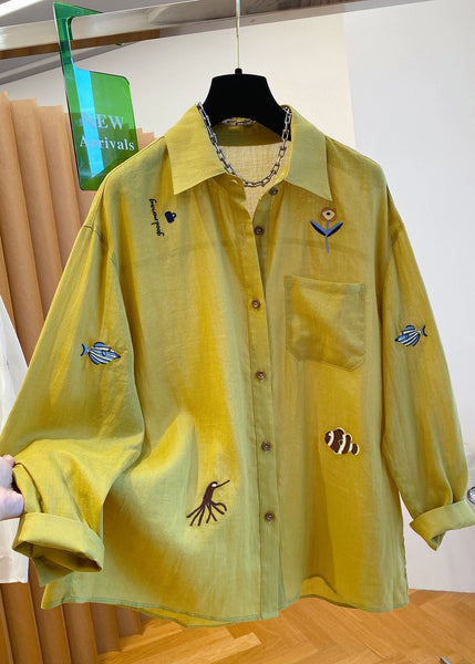 Peter Shirt Yellow Collar Natural Cotton Pan Embroidered Tops FashionChic