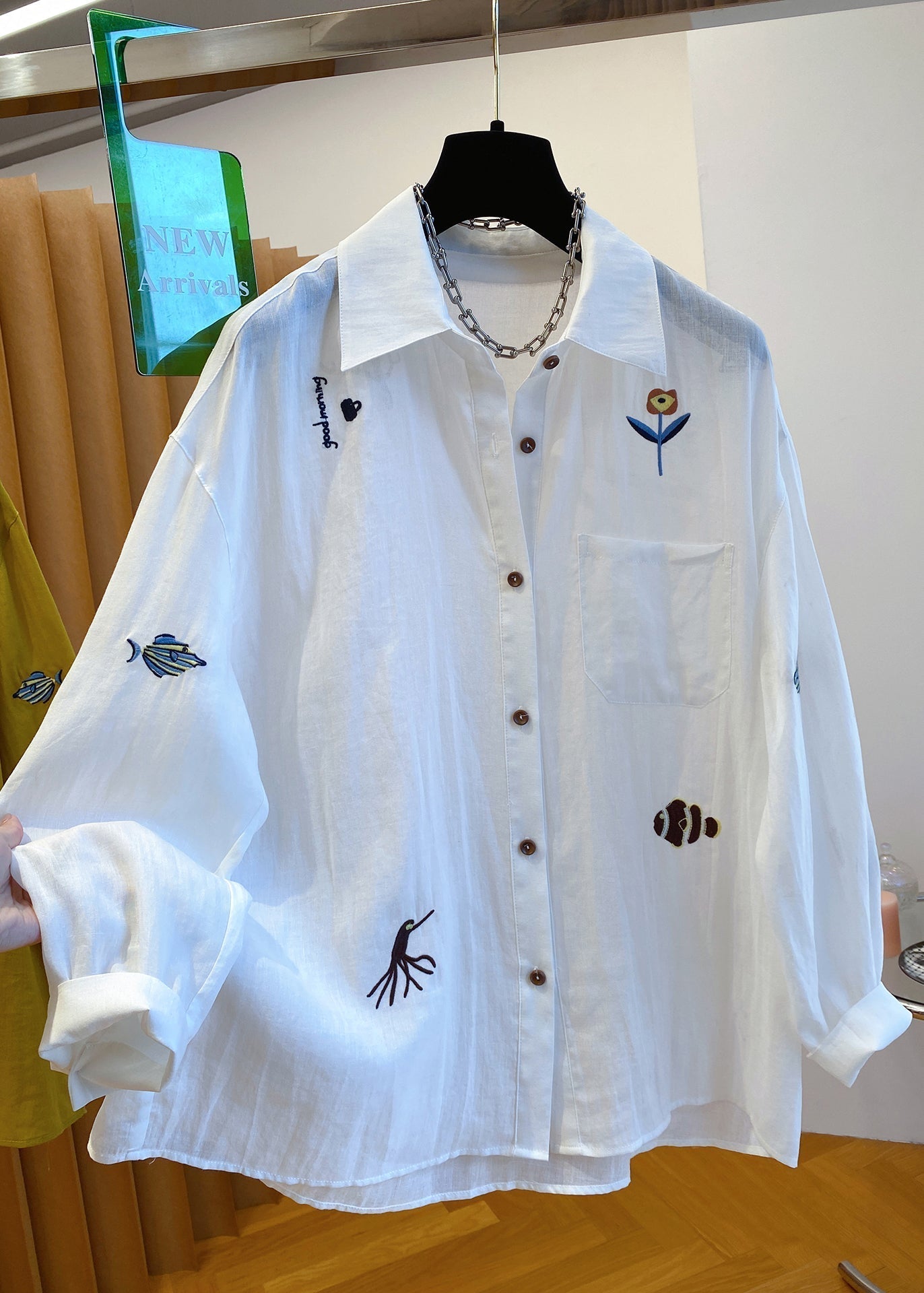 Peter Shirt Yellow Collar Natural Cotton Pan Embroidered Tops FashionChic