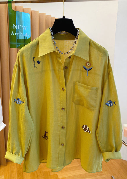 Peter Shirt Yellow Collar Natural Cotton Pan Embroidered Tops FashionChic